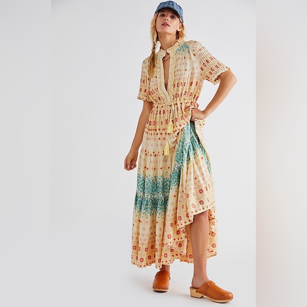 Nwot Free People Rare Feeling Cream Blue Orange Maxi Dress Sundress Size Small